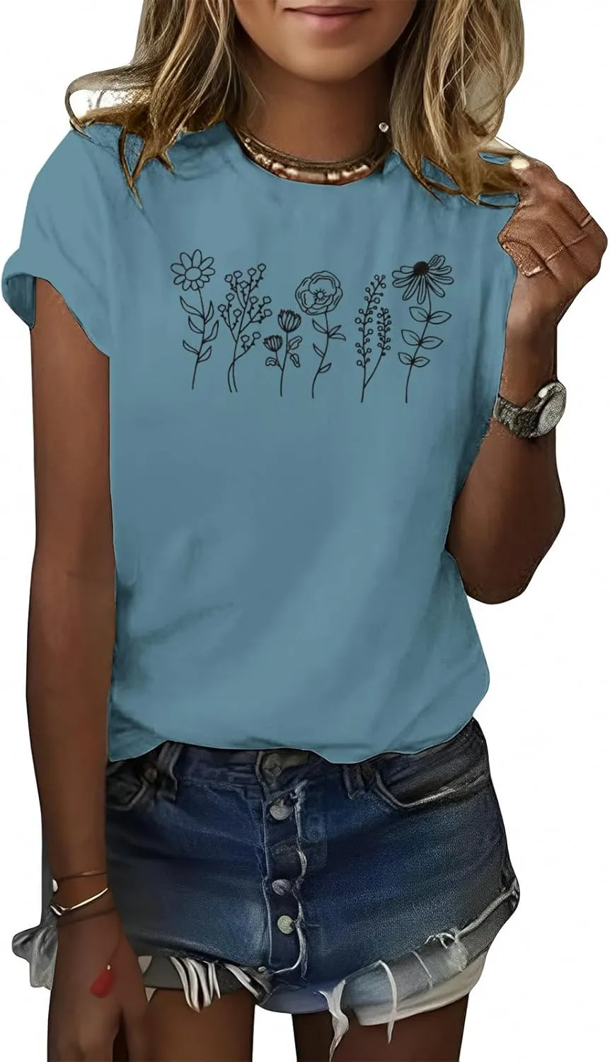 Women's Floral Tee Wildflower Graphic T Shirt Summer Flower Casual Loose Top Crew Neck Short Sleeve Shirts Tees