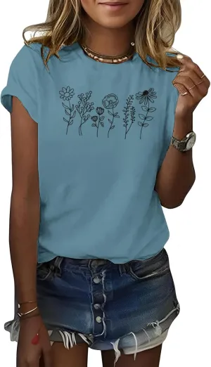 Women's Floral Tee Wildflower Graphic T Shirt Summer Flower Casual Loose Top Crew Neck Short Sleeve Shirts Tees
