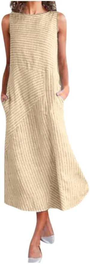 Women's Linen Dresses Sleeveless Crew Neck Striped Long Dress with Pockets 2024, S-2XL