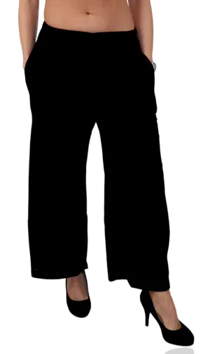 Womens Plus Size Black Bohemian Relaxed Palazzo Pants with Elastic Waist and Side Pockets