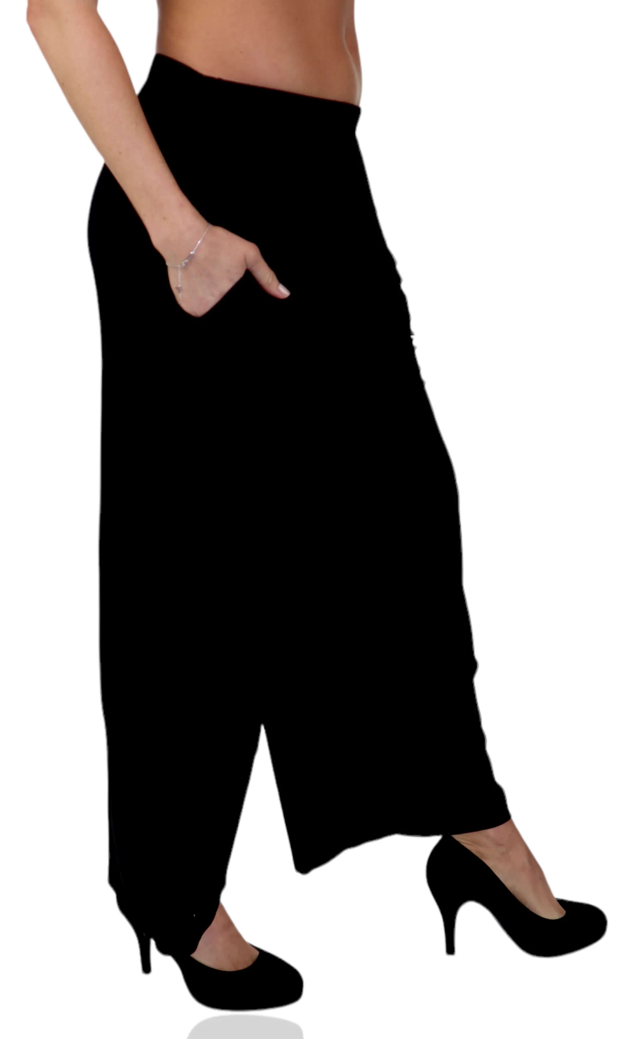 Womens Plus Size Black Bohemian Relaxed Palazzo Pants with Elastic Waist and Side Pockets