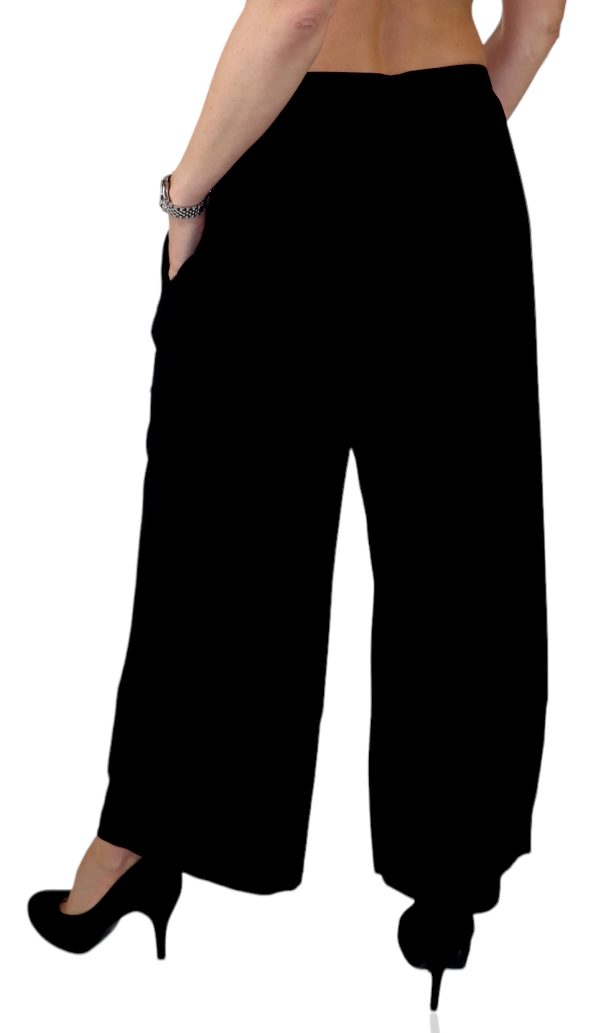 Womens Plus Size Black Bohemian Relaxed Palazzo Pants with Elastic Waist and Side Pockets