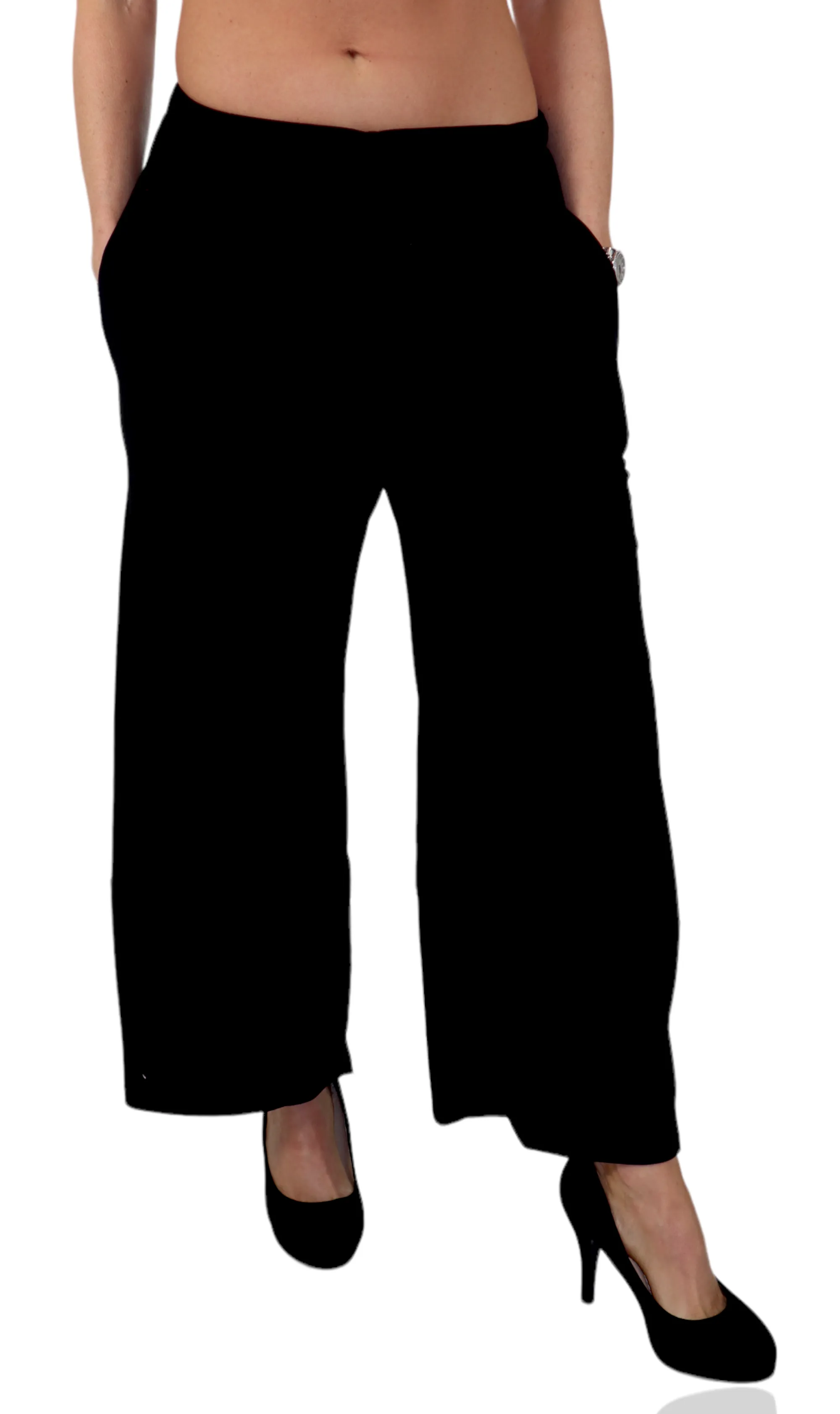 Womens Plus Size Black Bohemian Relaxed Palazzo Pants with Elastic Waist and Side Pockets