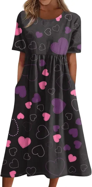 Women's Summer Casual Loose Trendy Dress Round Neck Short Sleeve Heart Print Maxi Dresses